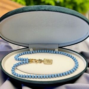 Blue Beaded Necklace with Gold Compass Pendant